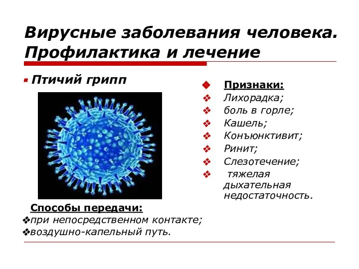 Вирусные заболевания человека. Профилактика и лечение Птичий грипп Признаки: Лихорадка; боль