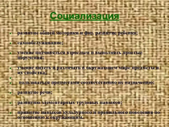 развитие общей моторики и физ. развитие ребенка; самообслуживание; умение подчиняться взрослым