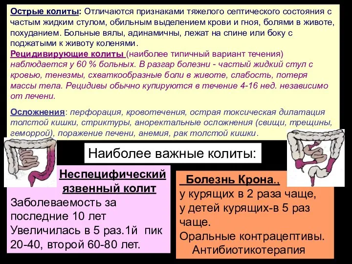 Острые колиты: Отличаются признаками тяжелого септического состояния с частым жидким стулом,