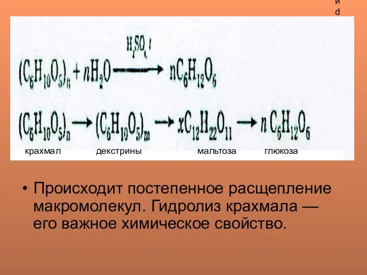 крахмал декстрины мальтоза глюкоза Происходит постепенное расщепление макромолекул. Гидролиз крахмала —