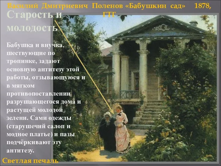 Василий Дмитриевич Поленов «Бабушкин сад» 1878, ГТГ Старость и молодость Бабушка