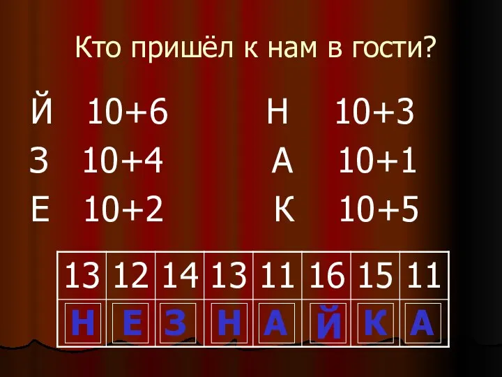 Кто пришёл к нам в гости? Й 10+6 Н 10+3 З