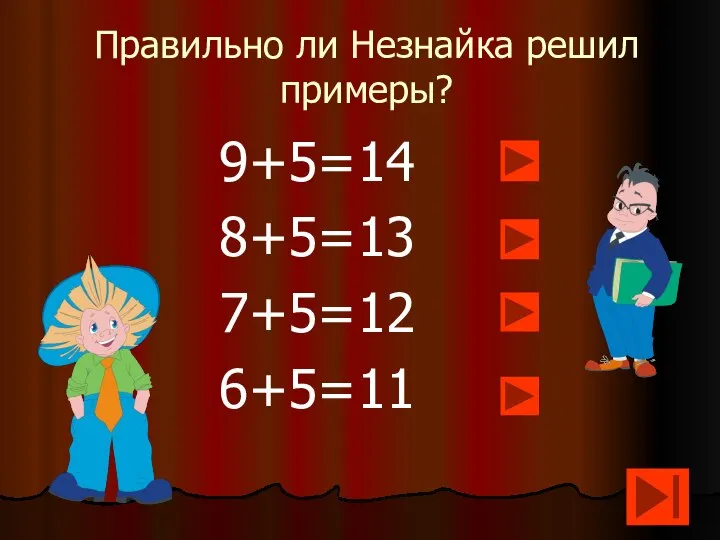 Правильно ли Незнайка решил примеры? 9+5=14 8+5=13 7+5=12 6+5=11