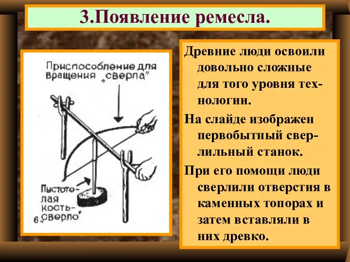 Древние люди освоили довольно сложные для того уровня тех-нологии. На слайде