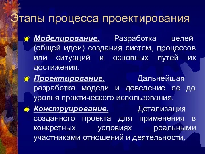 Этапы процесса проектирования Моделирование. Разработка целей (общей идеи) создания систем, процессов