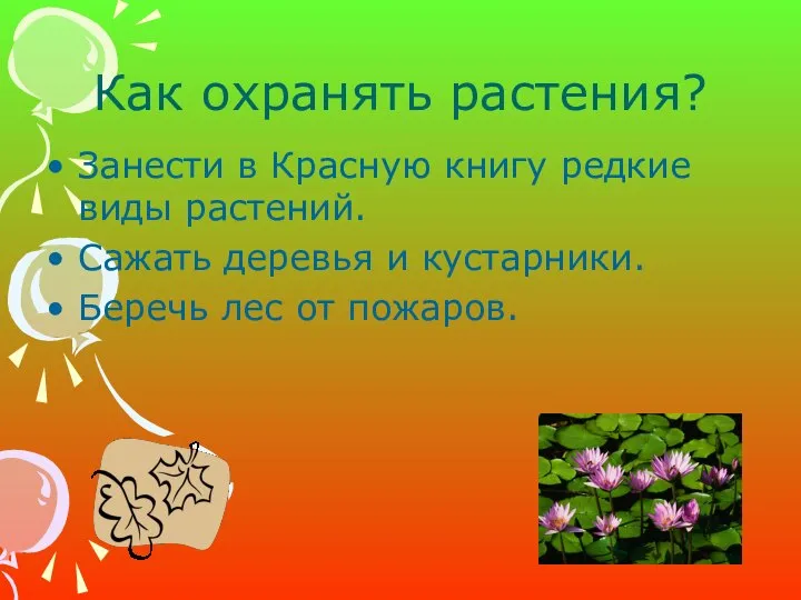 Как охранять растения? Занести в Красную книгу редкие виды растений. Сажать