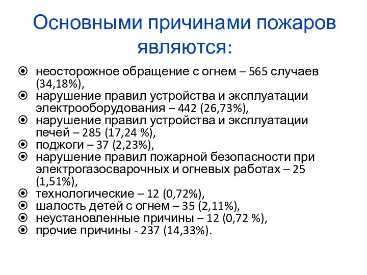 Основными причинами пожаров являются: неосторожное обращение с огнем – 565 случаев