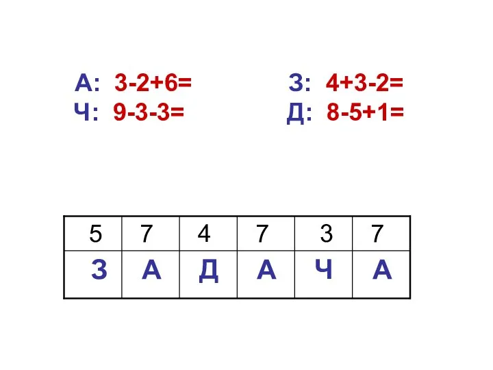 А: 3-2+6= З: 4+3-2= Ч: 9-3-3= Д: 8-5+1=