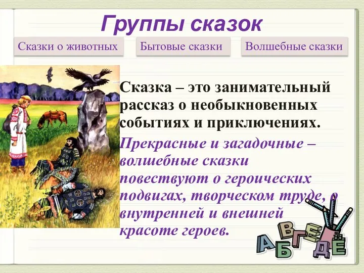 Группы сказок Сказка – это занимательный рассказ о необыкновенных событиях и