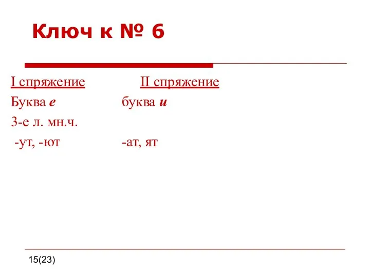 15(23) Ключ к № 6 I спряжение II спряжение Буква е