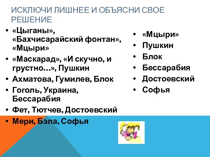 «Цыганы», «Бахчисарайский фонтан», «Мцыри» «Маскарад», «И скучно, и грустно…», Пушкин Ахматова,