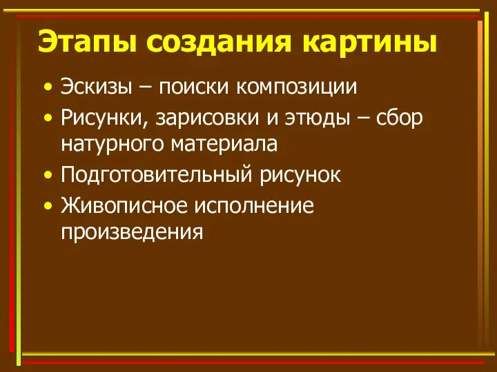 Этапы создания картины Эскизы – поиски композиции Рисунки, зарисовки и этюды