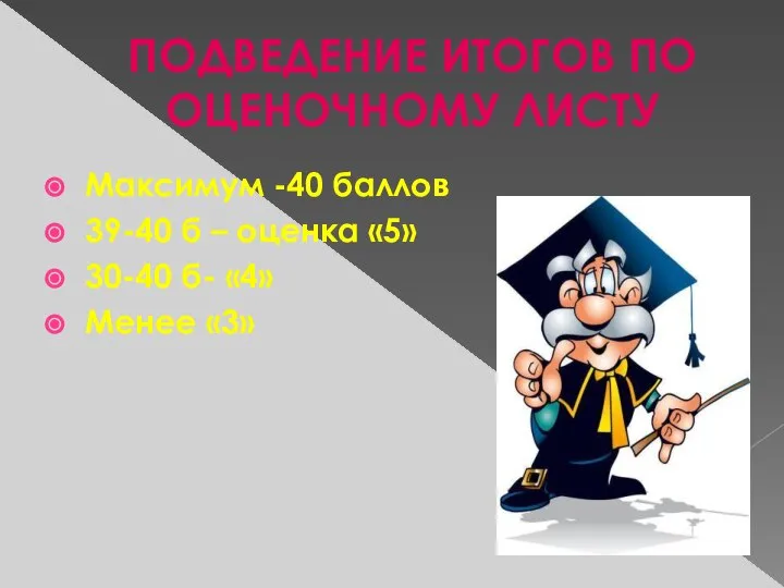 ПОДВЕДЕНИЕ ИТОГОВ ПО ОЦЕНОЧНОМУ ЛИСТУ Максимум -40 баллов 39-40 б –