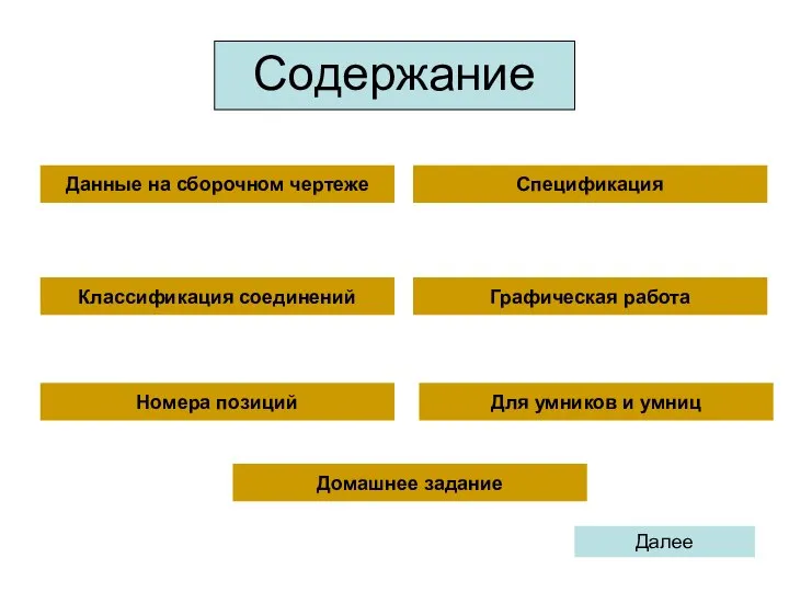 Содержание Данные на сборочном чертеже Спецификация Графическая работа Номера позиций Далее