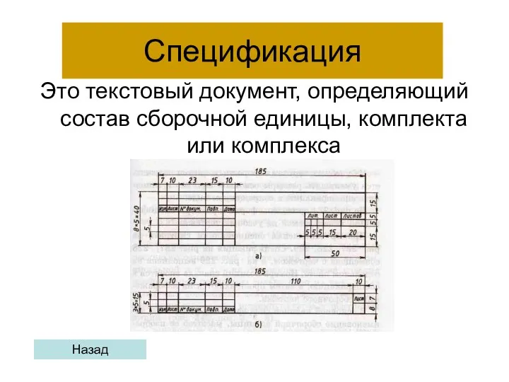 Спецификация Это текстовый документ, определяющий состав сборочной единицы, комплекта или комплекса Назад