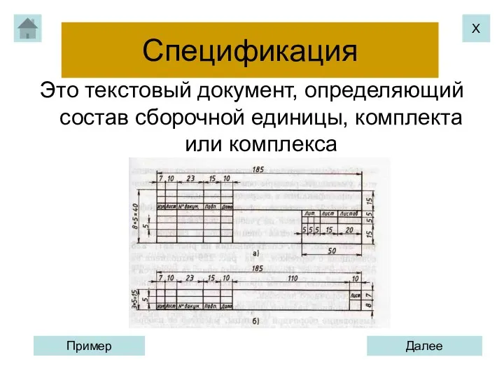 Спецификация Это текстовый документ, определяющий состав сборочной единицы, комплекта или комплекса Х Далее Пример