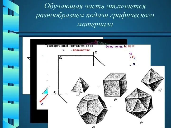 Обучающая часть отличается разнообразием подачи графического материала