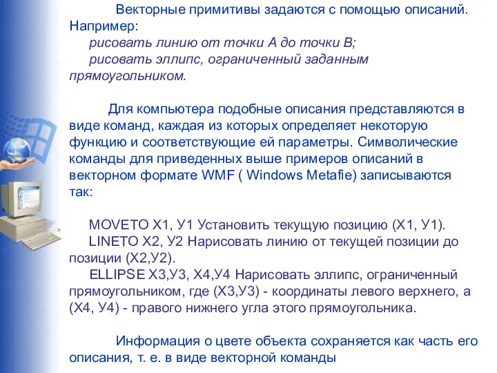 Векторные примитивы задаются с помощью описаний. Например: рисовать линию от точки