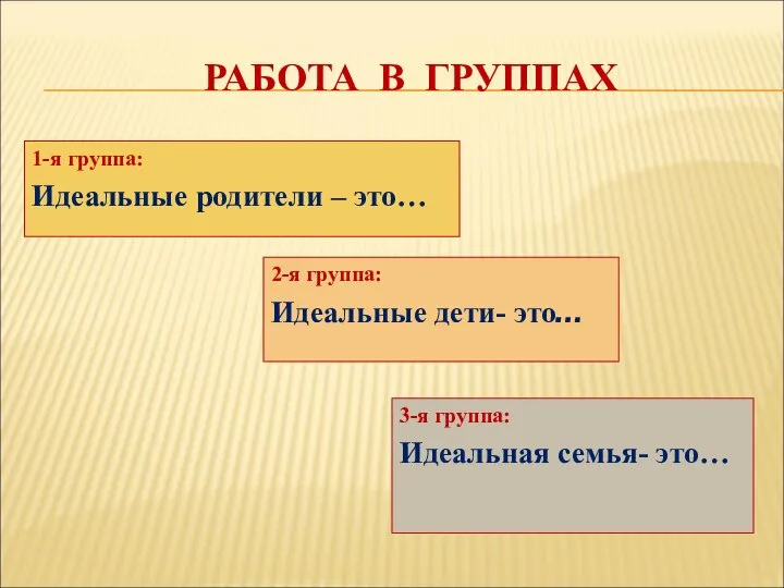 РАБОТА В ГРУППАХ 1-я группа: Идеальные родители – это… 2-я группа: