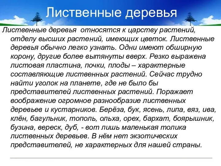 Лиственные деревья Лиственные деревья относятся к царству растений, отделу высших растений,