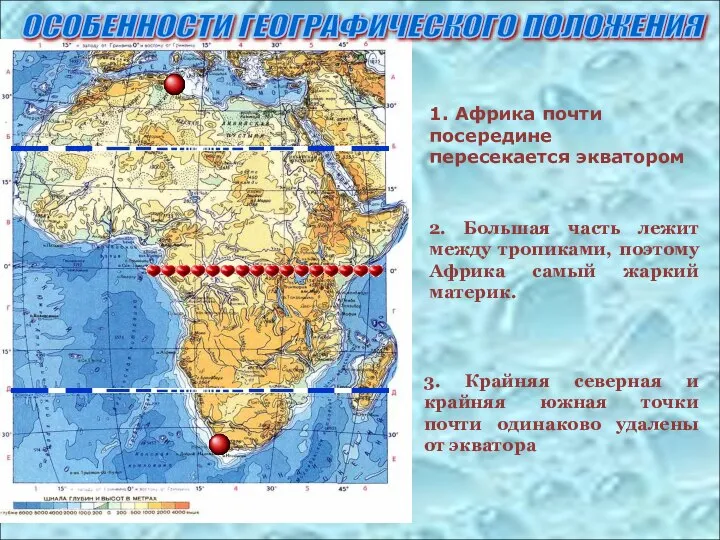 1. Африка почти посередине пересекается экватором 2. Большая часть лежит между