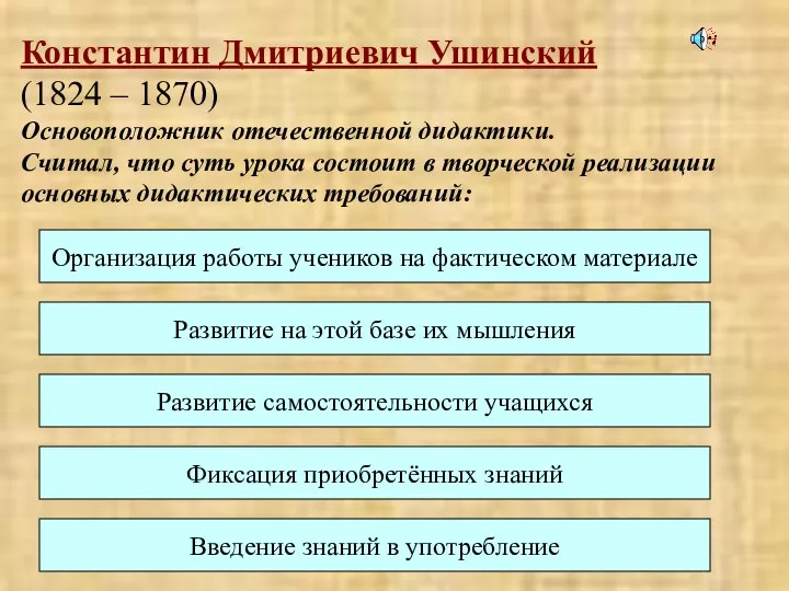 Константин Дмитриевич Ушинский (1824 – 1870) Основоположник отечественной дидактики. Считал, что