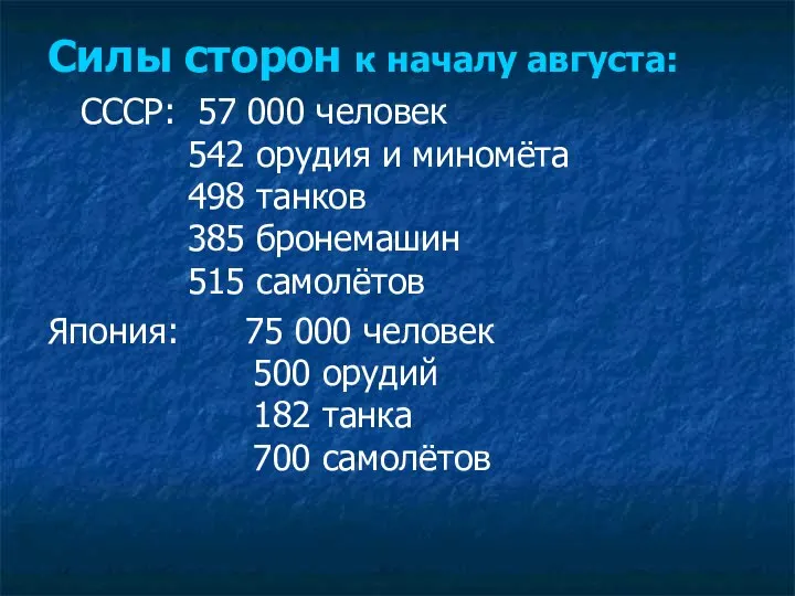 Силы сторон к началу августа: СССР: 57 000 человек 542 орудия