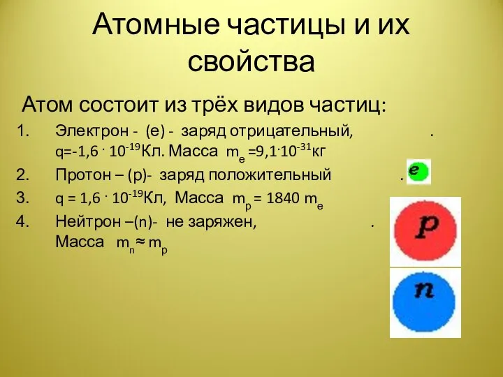 Атомные частицы и их свойства Атом состоит из трёх видов частиц: