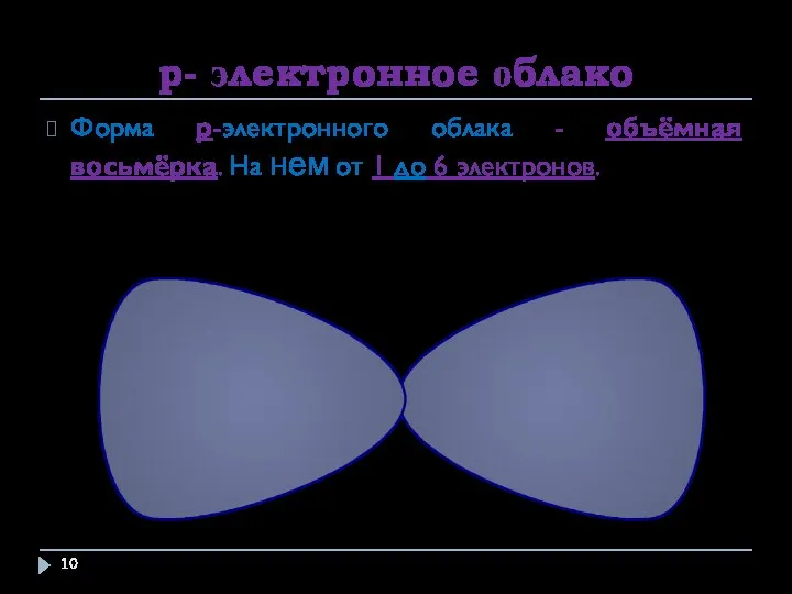 p- электронное облако Форма p-электронного облака - объёмная восьмёрка. На нем от 1 до 6 электронов.