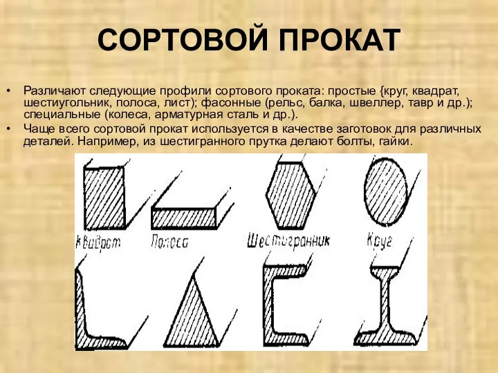 СОРТОВОЙ ПРОКАТ Различают следующие профили сортового проката: простые {круг, квадрат, шестиугольник,