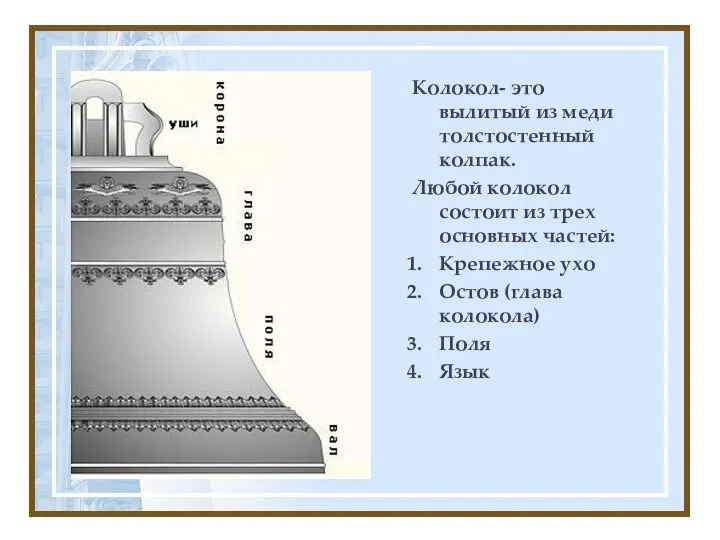 Колокол- это вылитый из меди толстостенный колпак. Любой колокол состоит из