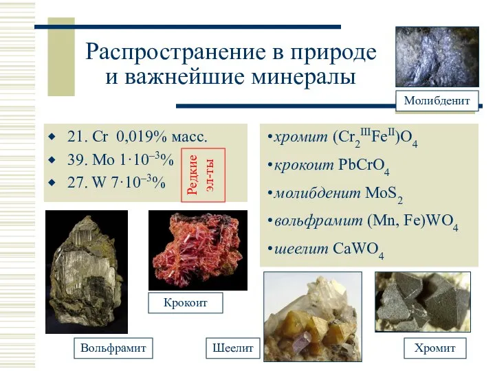 Распространение в природе и важнейшие минералы 21. Cr 0,019% масс. 39.