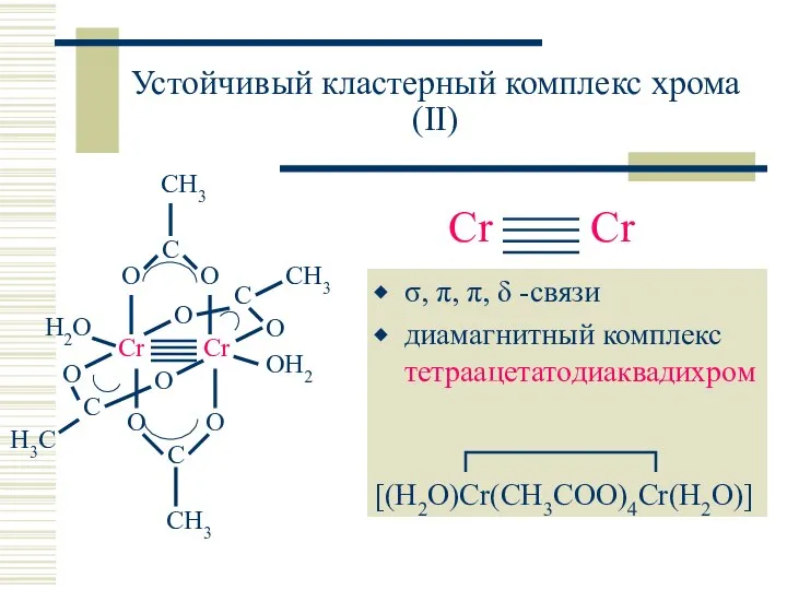 Устойчивый кластерный комплекс хрома(II) σ, π, π, δ -связи диамагнитный комплекс тетраацетатодиаквадихром