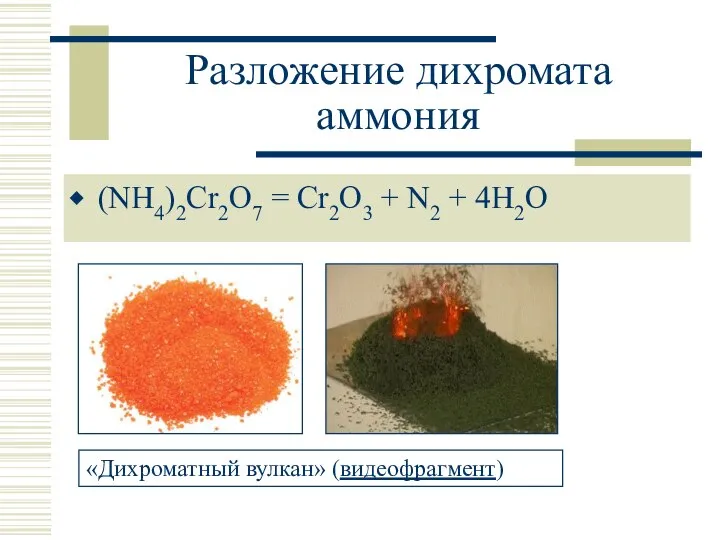 Разложение дихромата аммония (NH4)2Cr2O7 = Cr2O3 + N2 + 4H2O «Дихроматный вулкан» (видеофрагмент)