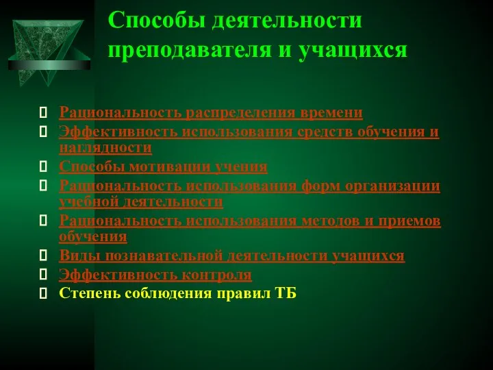 Способы деятельности преподавателя и учащихся Рациональность распределения времени Эффективность использования средств