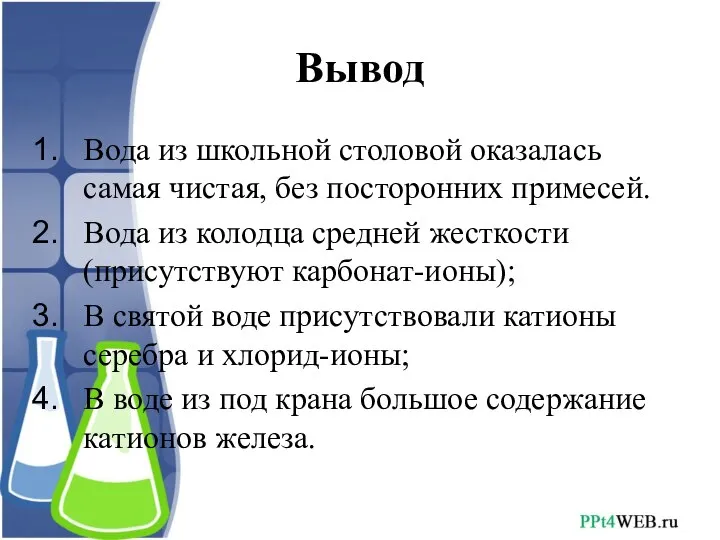 Вывод Вода из школьной столовой оказалась самая чистая, без посторонних примесей.