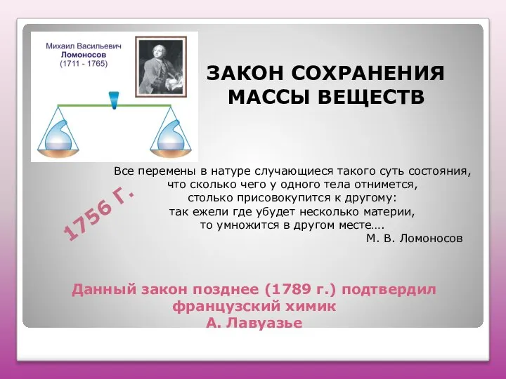 Данный закон позднее (1789 г.) подтвердил французский химик А. Лавуазье ЗАКОН