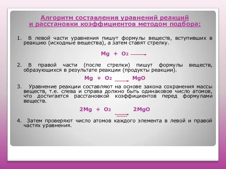 Алгоритм составления уравнений реакций и расстановки коэффициентов методом подбора: 1. В