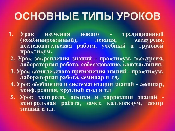 ОСНОВНЫЕ ТИПЫ УРОКОВ Урок изучения нового - традиционный (комбинированный), лекция, экскурсия,