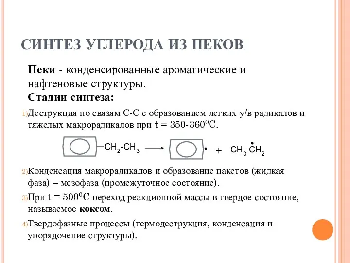 СИНТЕЗ УГЛЕРОДА ИЗ ПЕКОВ Пеки - конденсированные ароматические и нафтеновые структуры.