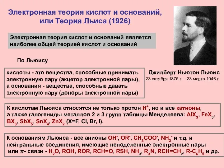 Электронная теория кислот и оснований, или Теория Льиса (1926) Джилберт Ньютон