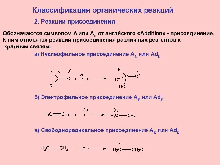 Классификация органических реакций 2. Реакции присоединения Обозначаются символом A или Ad