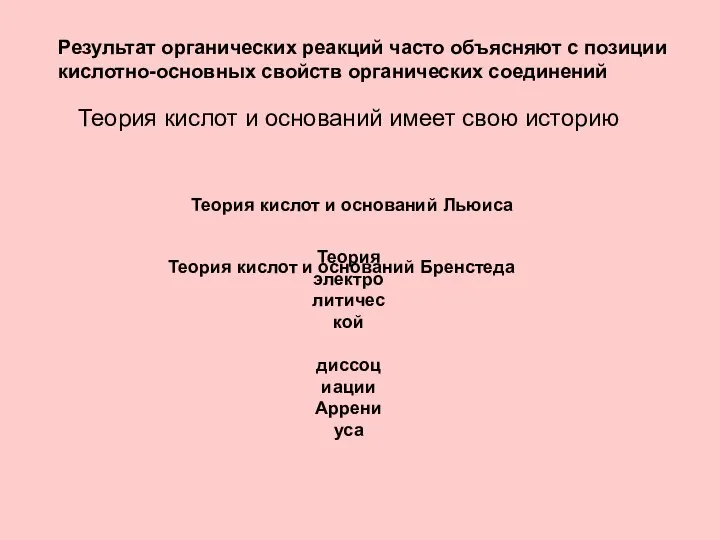 Результат органических реакций часто объясняют с позиции кислотно-основных свойств органических соединений