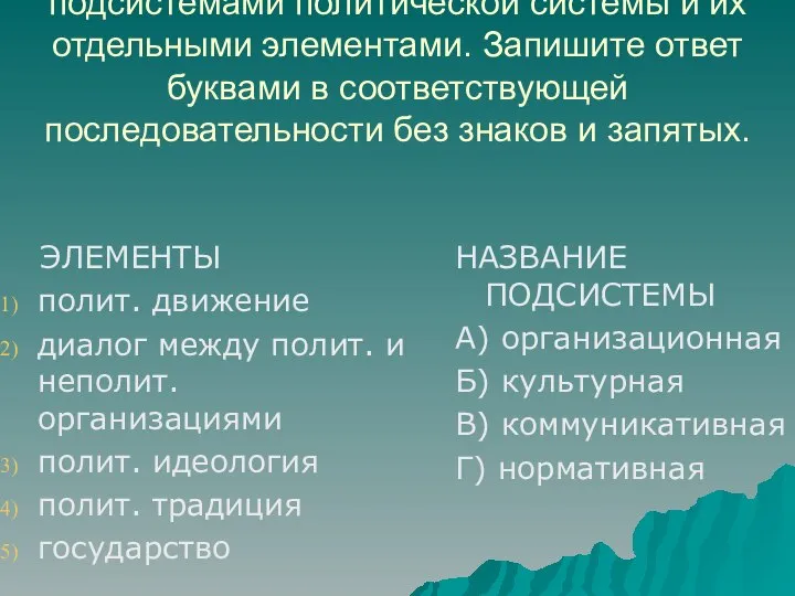 4. Установите соответствие между подсистемами политической системы и их отдельными элементами.