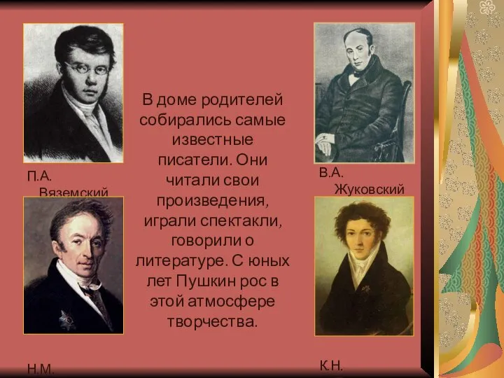 В.А. Жуковский П.А. Вяземский Н.М. Карамзин В.А. Жуковский К.Н. Батюшков В