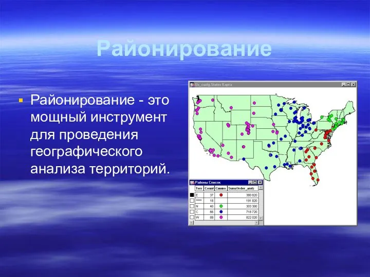 Районирование Районирование - это мощный инструмент для проведения географического анализа территорий.
