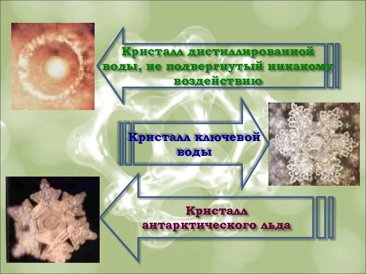 Кристалл дистиллированной воды, не подвергнутый никакому воздействию Кристалл ключевой воды Кристалл антарктического льда