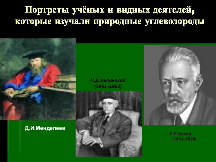 Портреты учёных и видных деятелей, которые изучали природные углеводороды Д.И.Менделеев