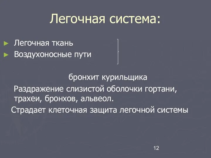 Легочная система: Легочная ткань Воздухоносные пути бронхит курильщика Раздражение слизистой оболочки