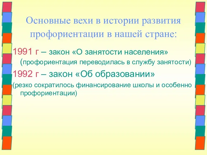 Основные вехи в истории развития профориентации в нашей стране: 1991 г